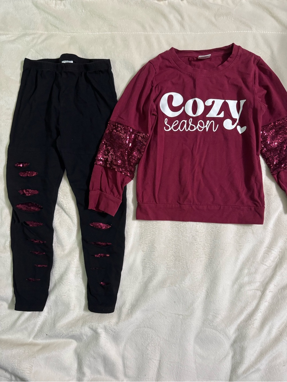 Cozy Season Burgundy Sweatshirt & Black Leggings Kids Matching Set